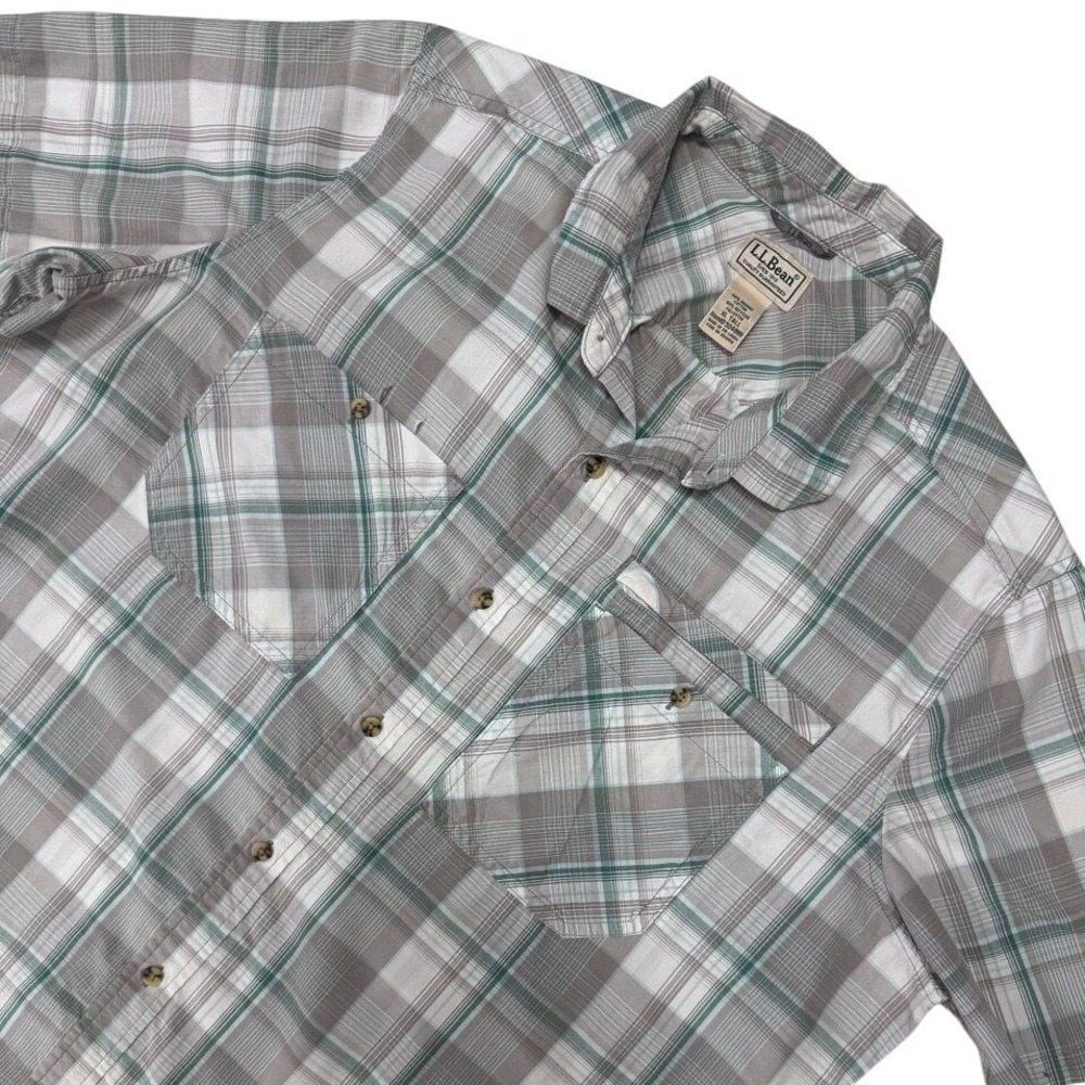 L.L. Bean Shirt Mens XL Tall Grey Plaid Organic Cotton Blend Short Sleeve Button